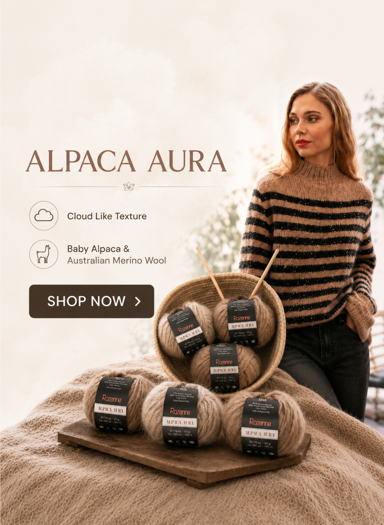 A promotional mobile version banner for Rozenne Alpaca Aura Wool Yarn for crocheting and knitting