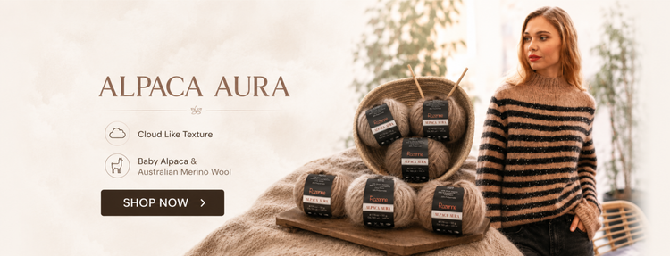 A promotional desktop banner for Rozenne Alpaca Aura Wool Yarn for crocheting and knitting
